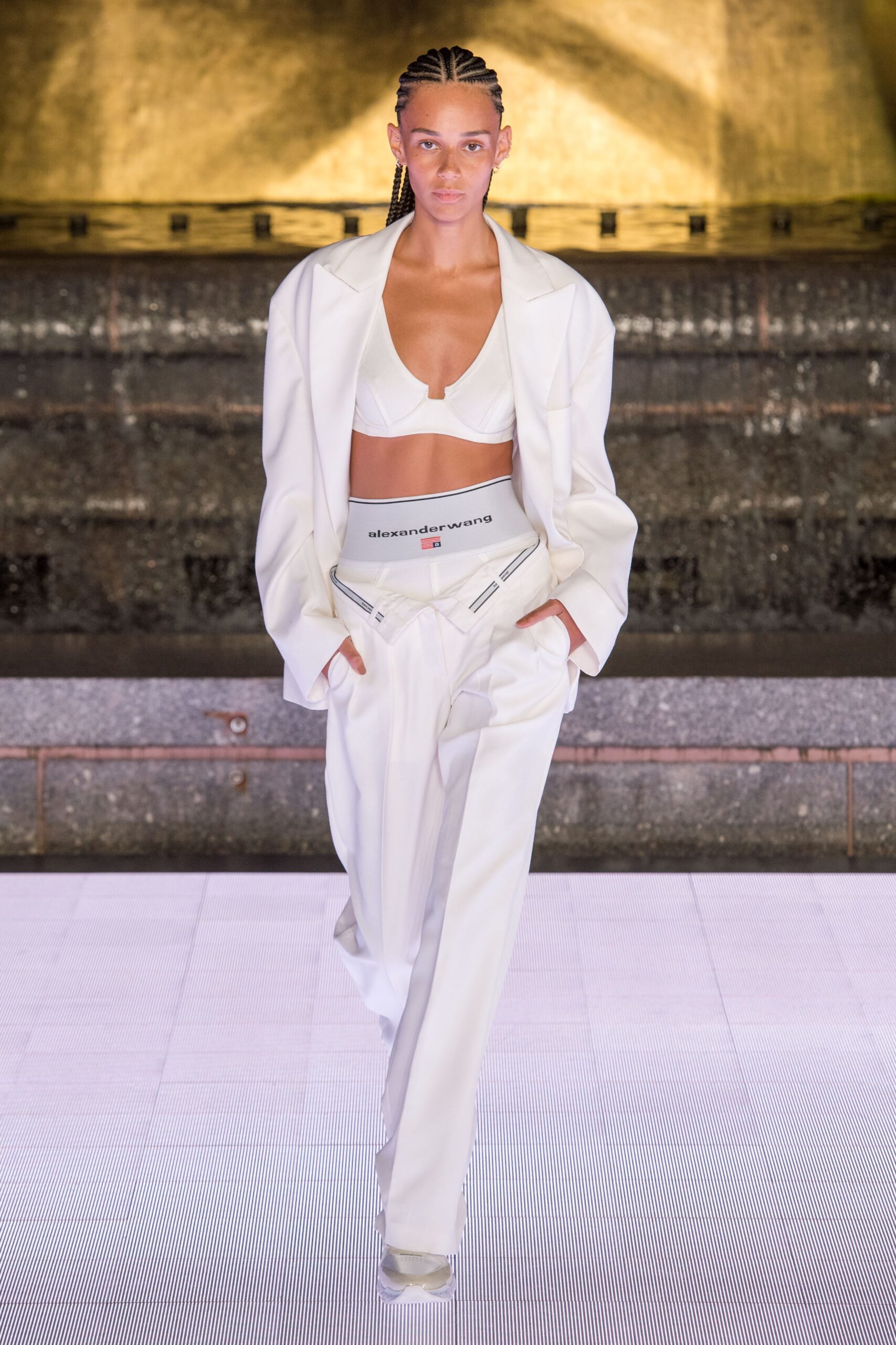 white oversized blazer with fitted bra