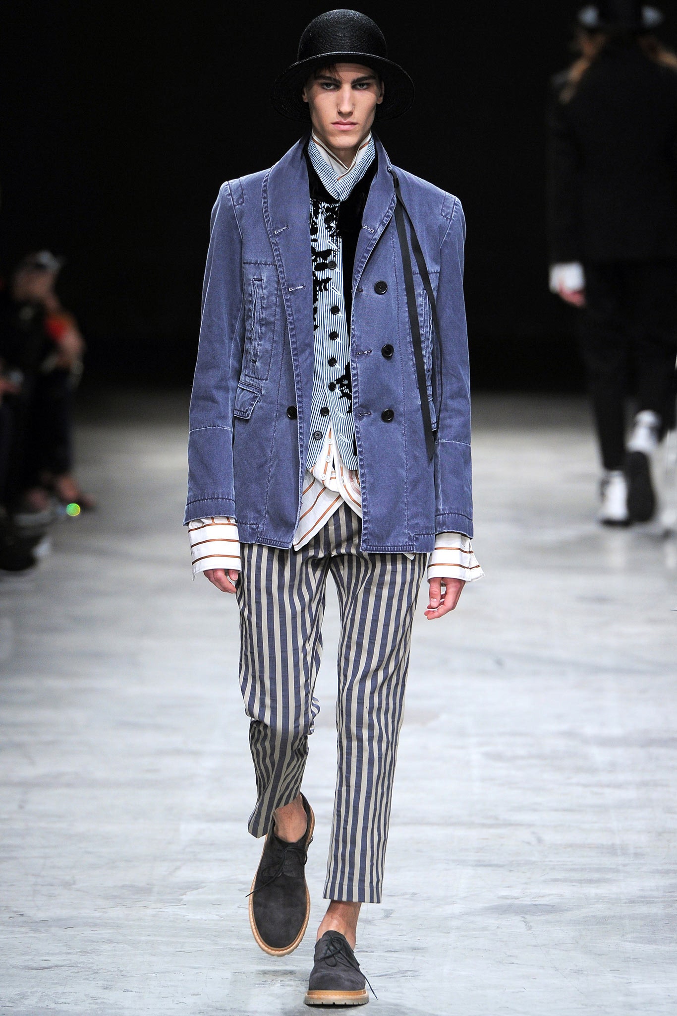 blue relaxed jacket with striped pants