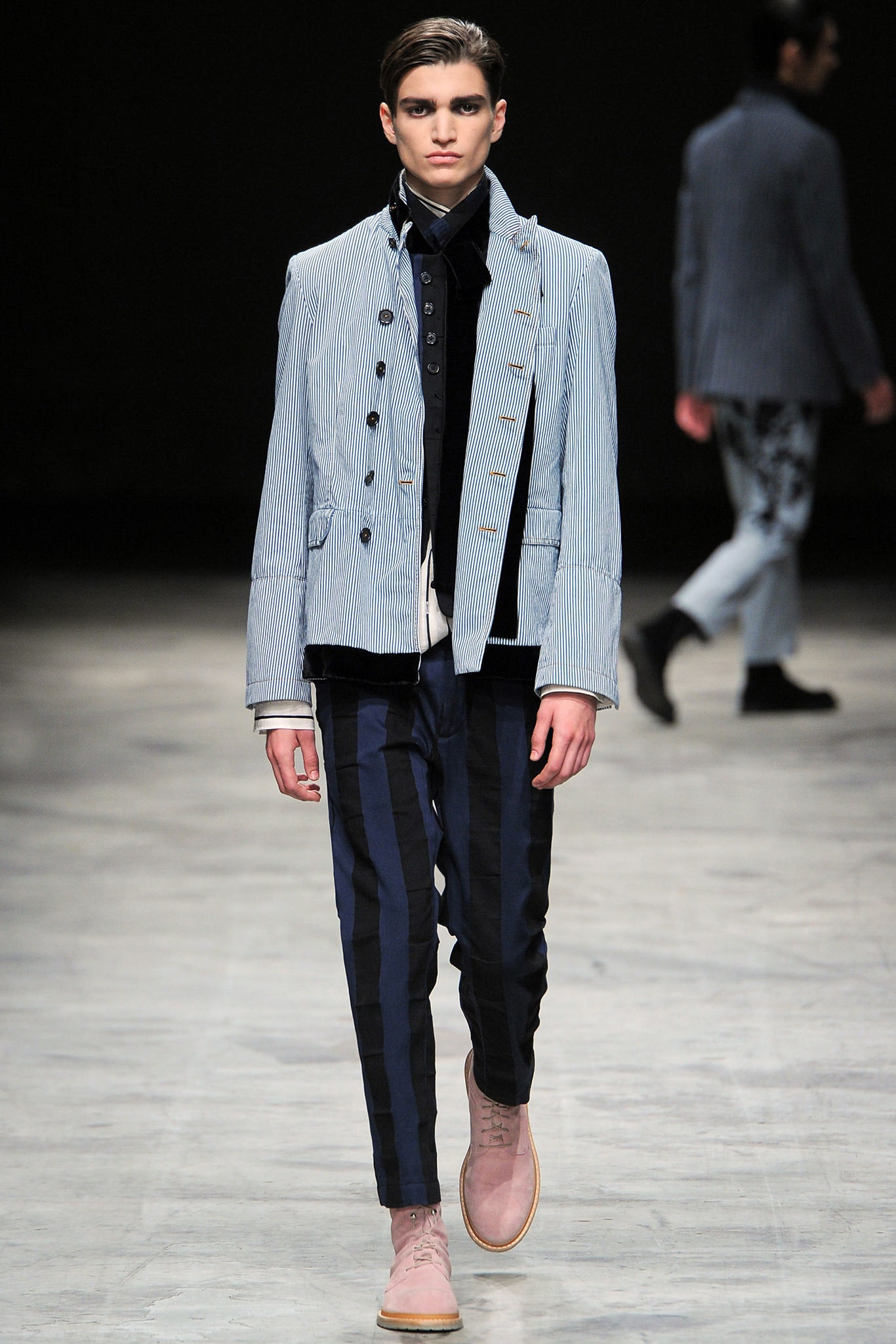 blue cotton long-sleeve collared structured striped buttoned jacket