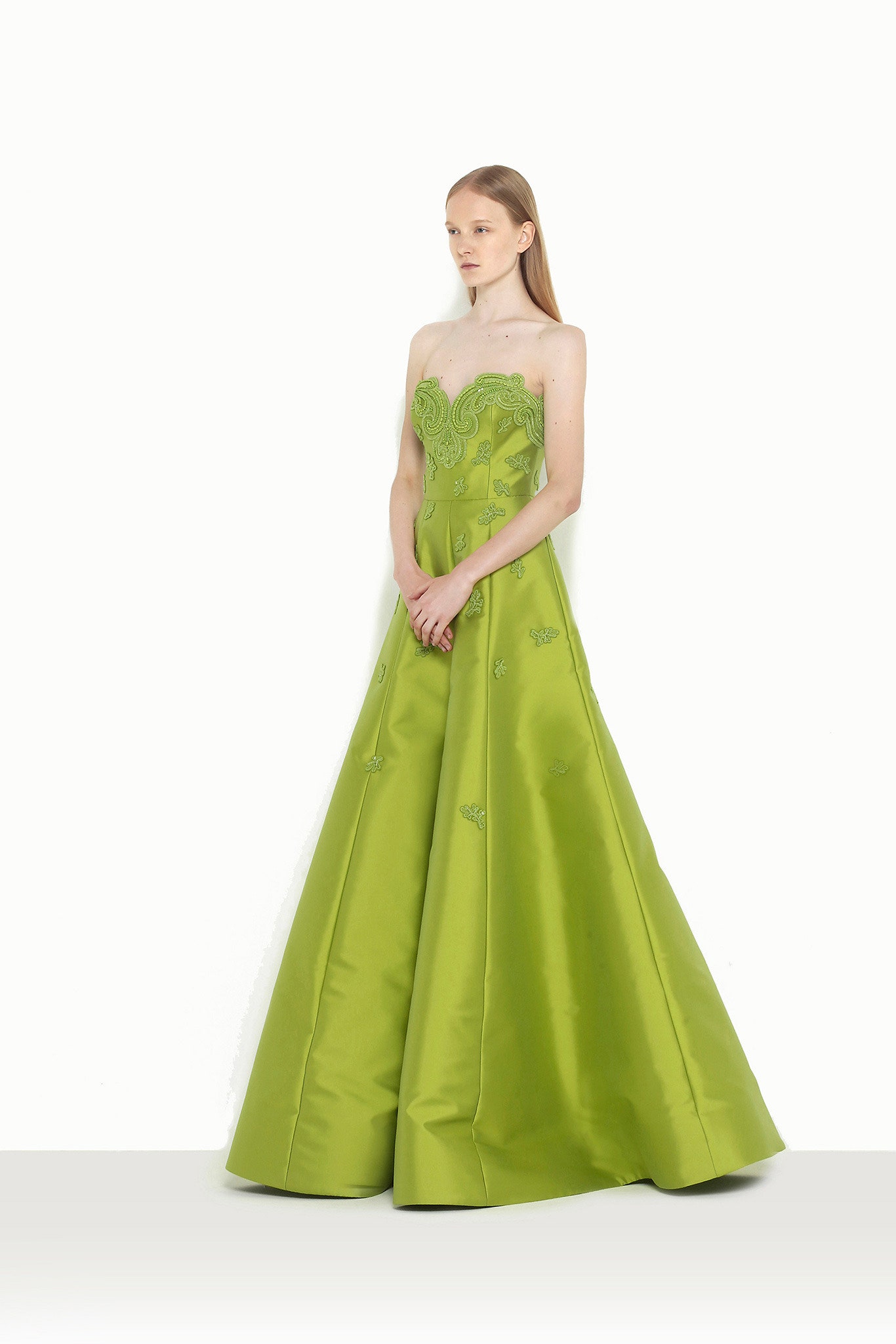 green silk strapless gown