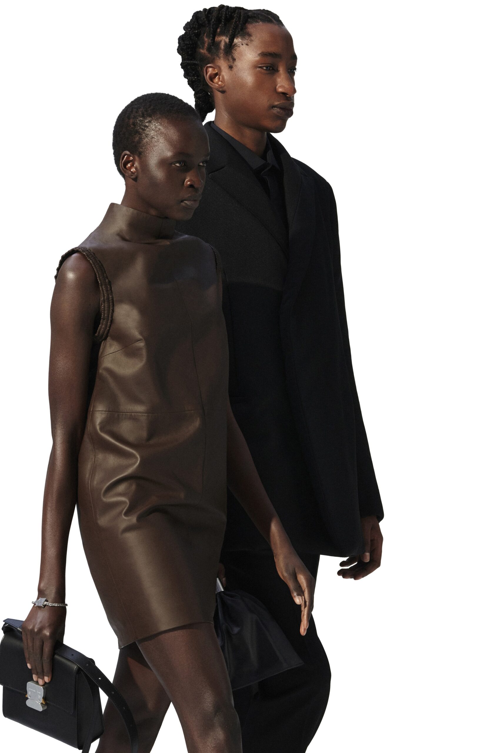 brown leather sleeveless high-neck fitted straight-leg mini dress