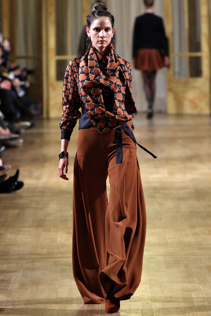 orange silk long-sleeve collared relaxed printed blouse