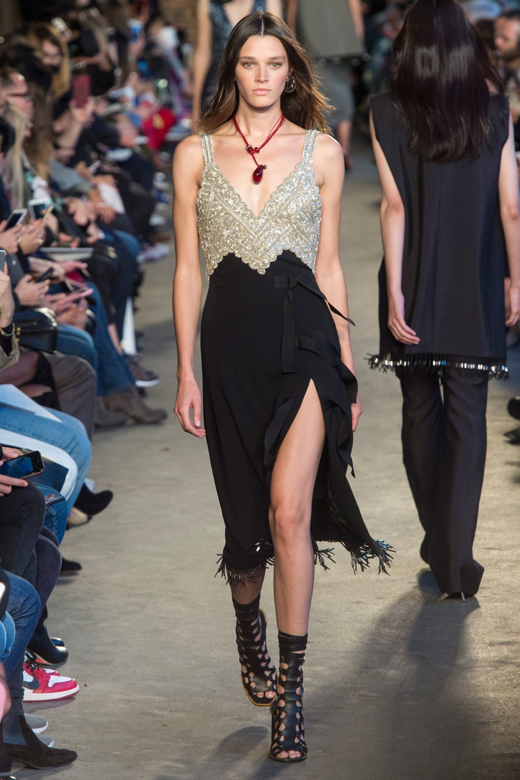 black silk sleeveless v-neck fitted beaded draped dress