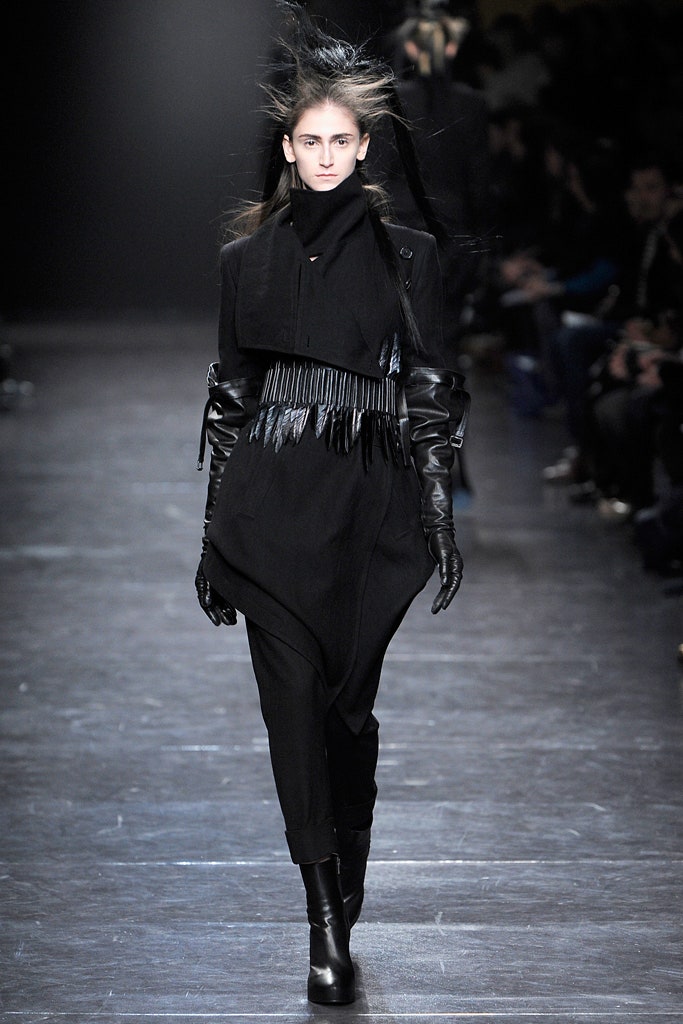 black wool long-sleeve high-neck relaxed draped fringed coat