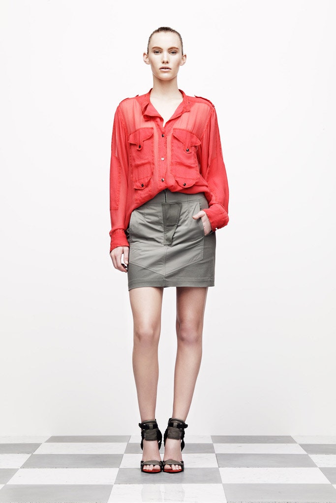red silk long-sleeve collared fitted buttoned sheer shirt