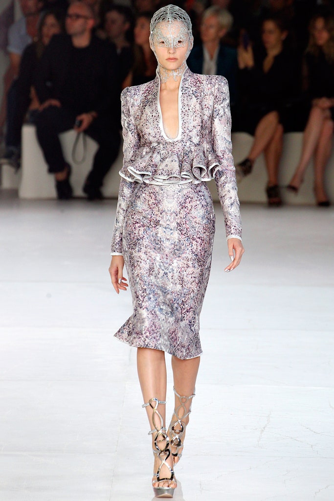 purple silk long-sleeve v-neck fitted ruffled pencil dress