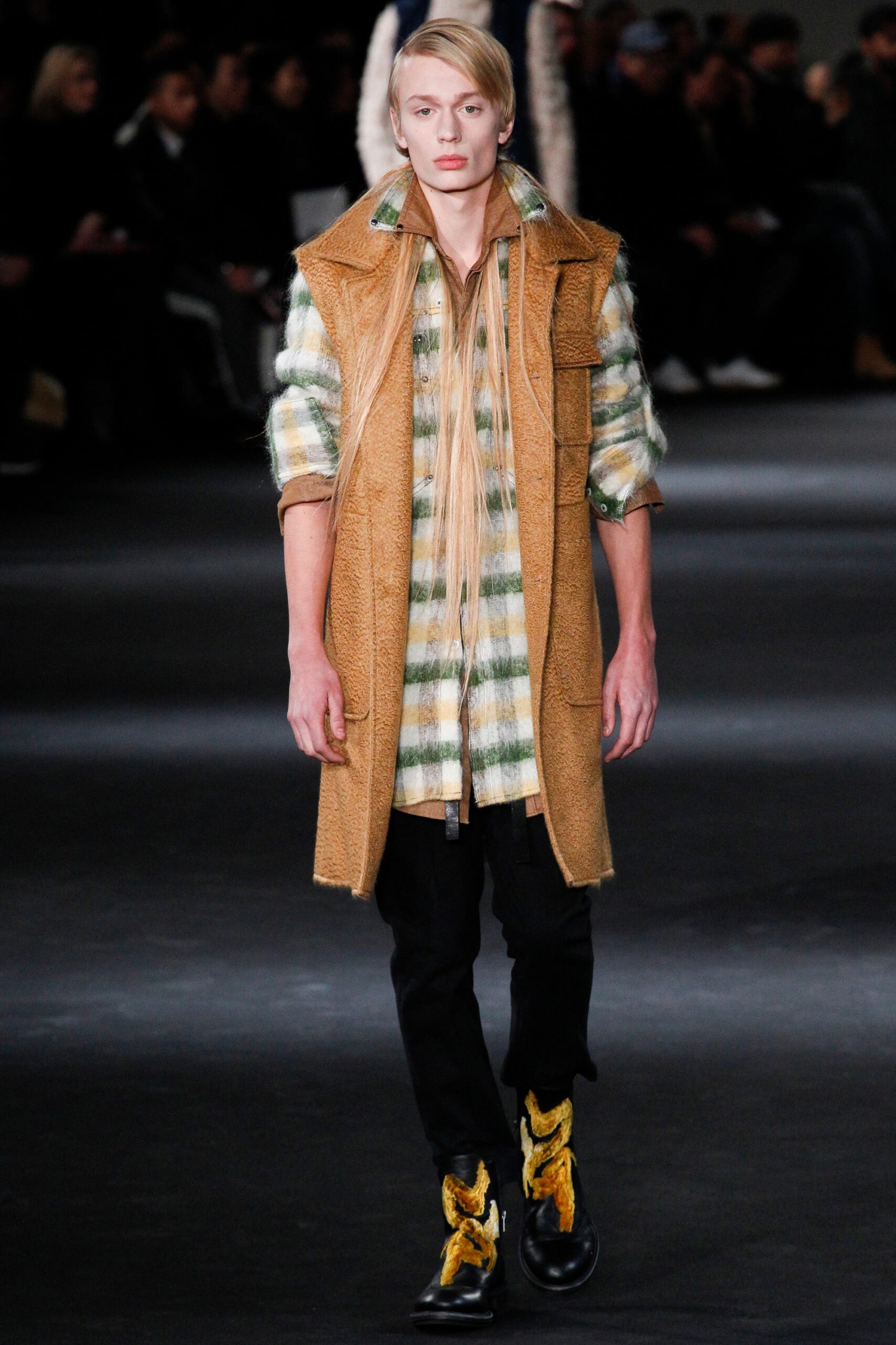 brown wool coat with checked shirt