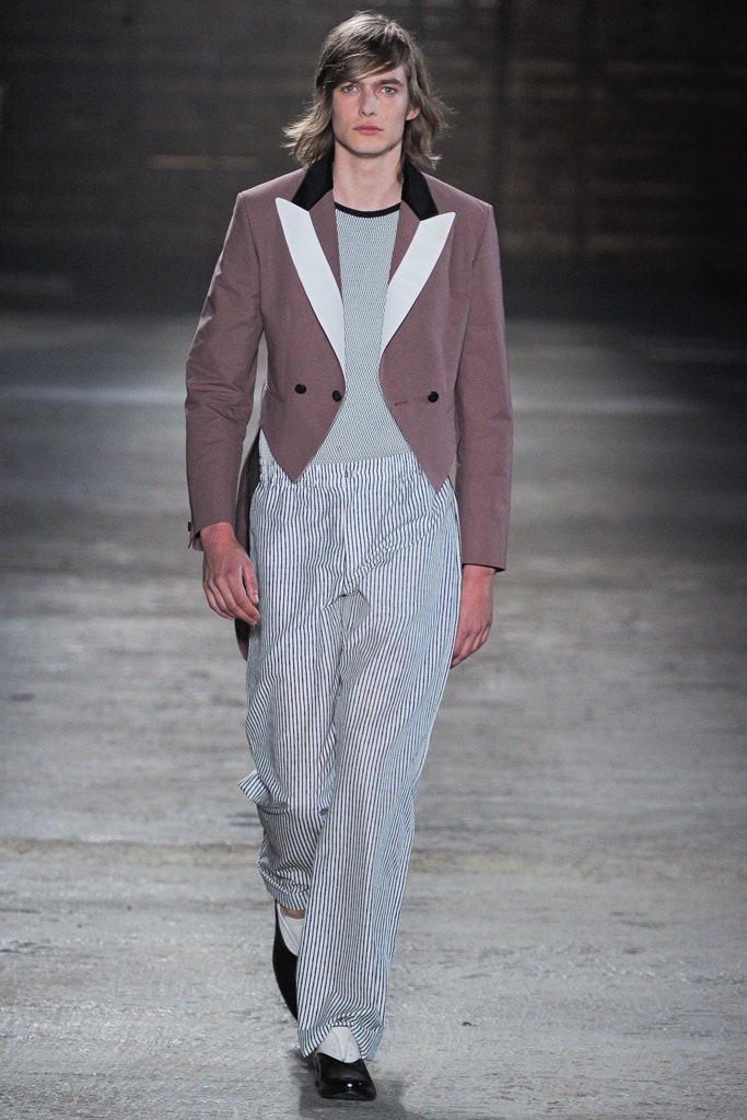 pink tailored blazer with striped pants