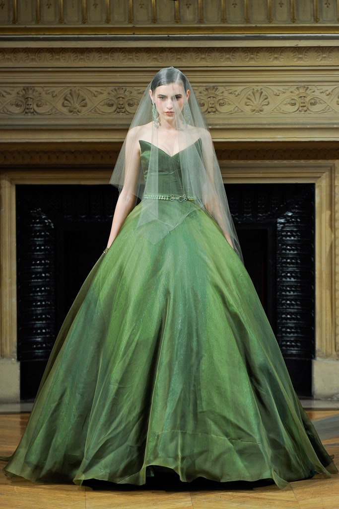 green silk strapless gown with veil