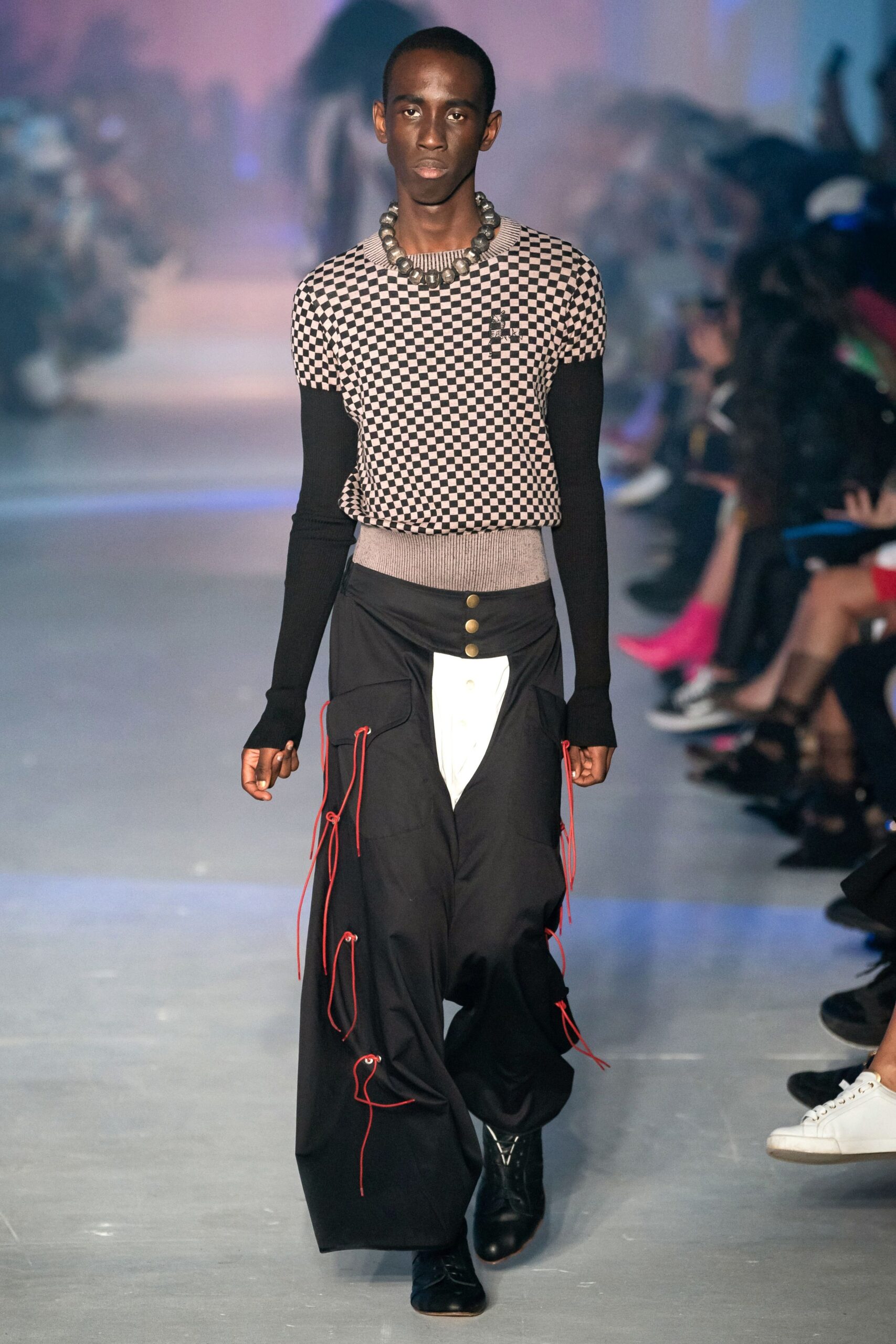 black and white checked top with relaxed pants