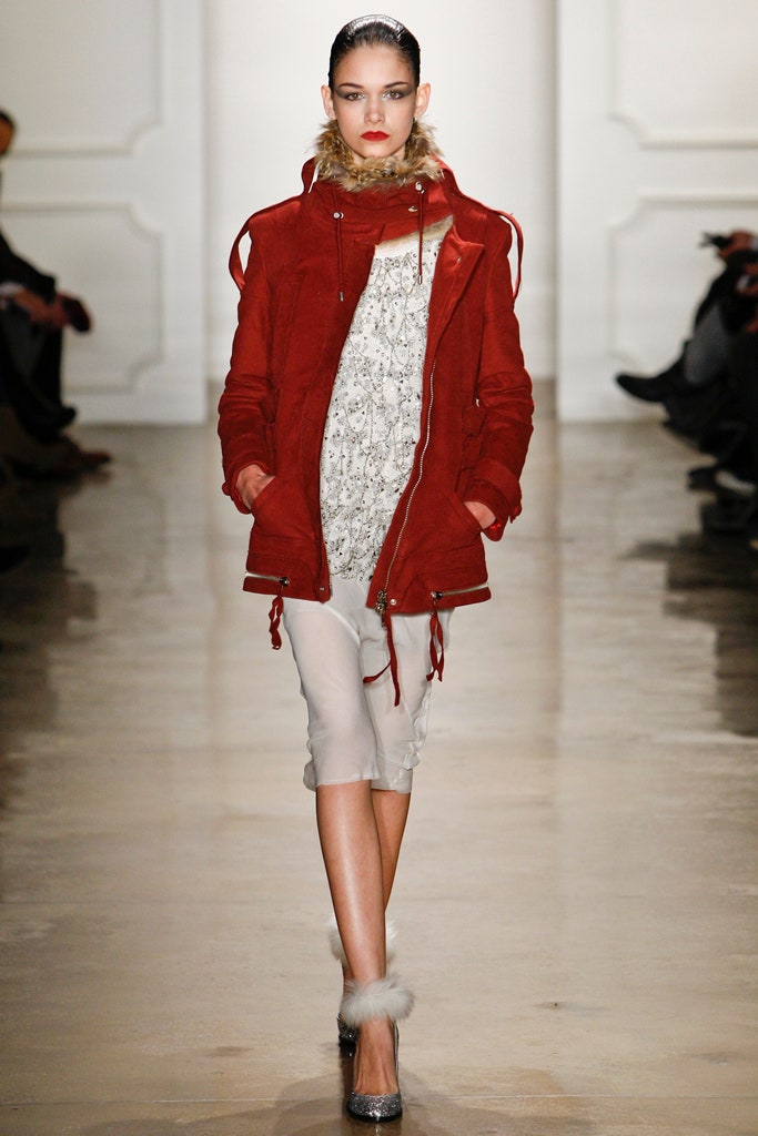 red wool coat and white dress