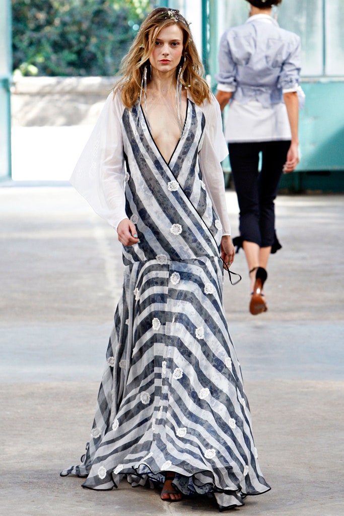 blue and white striped gown