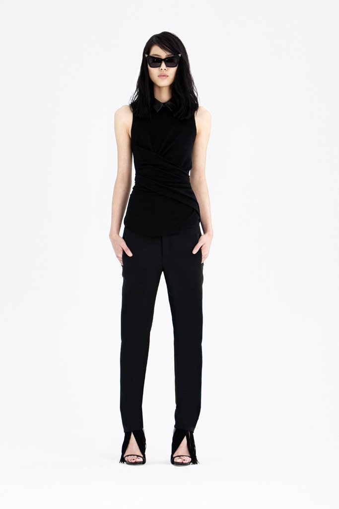 black fitted top with slim pants
