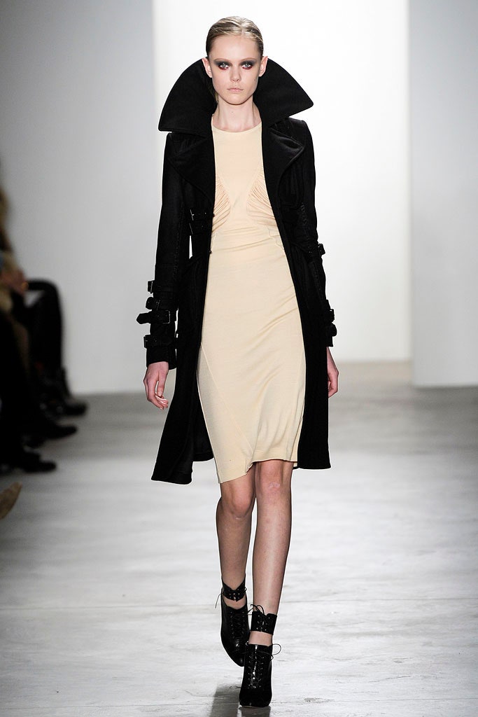 black coat beige fitted dress