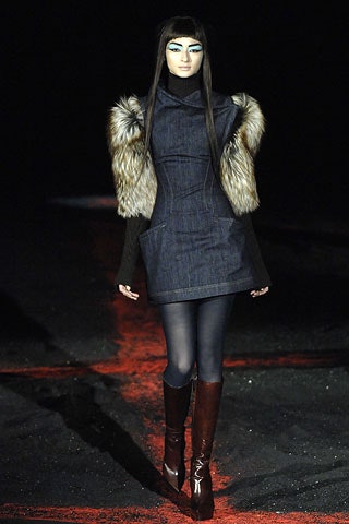 blue denim fitted dress with fur coat