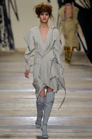 beige silk wrap dress with gray boots