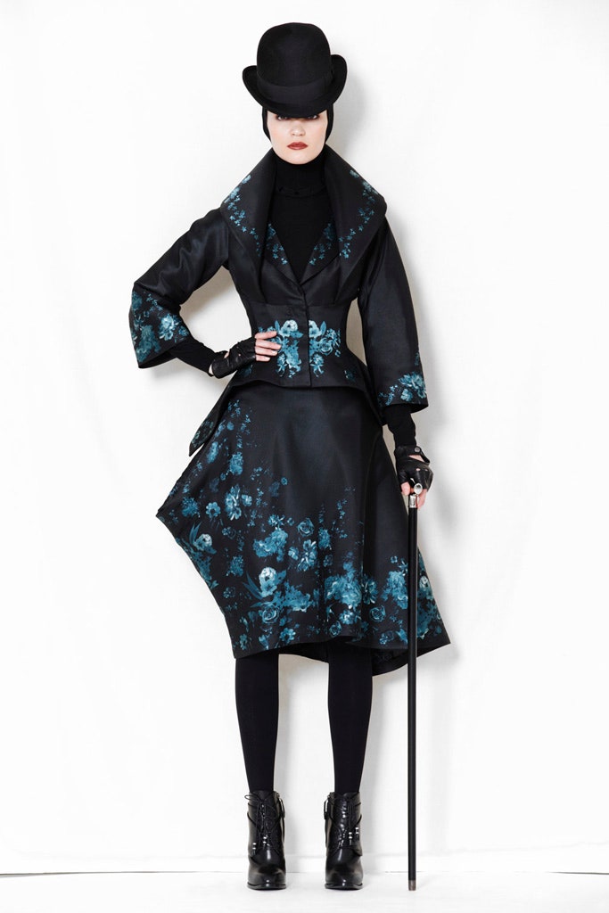 black silk long-sleeve collared fitted flared embroidered coat
