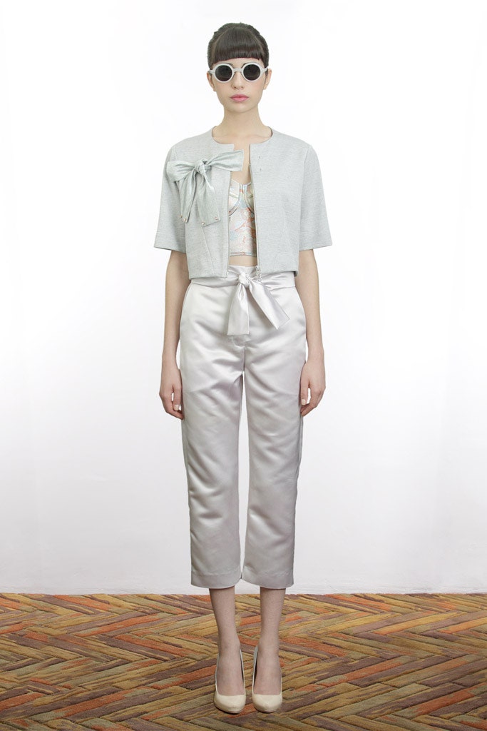 gray fitted jacket with bow