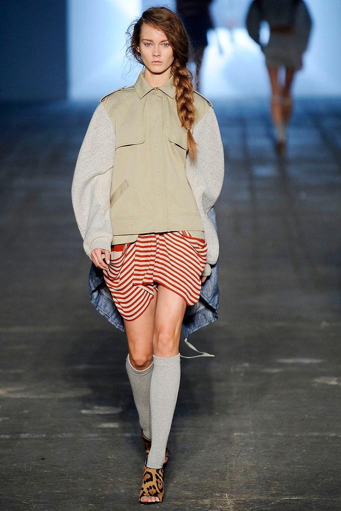 beige jacket with striped mini skirt
