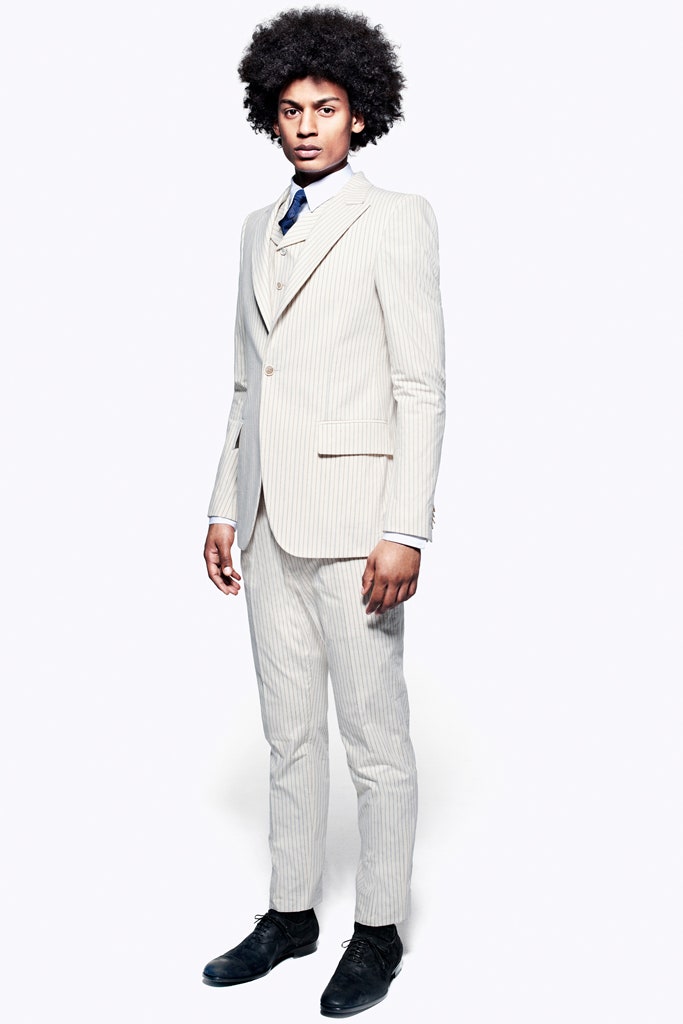 beige striped tailored suit