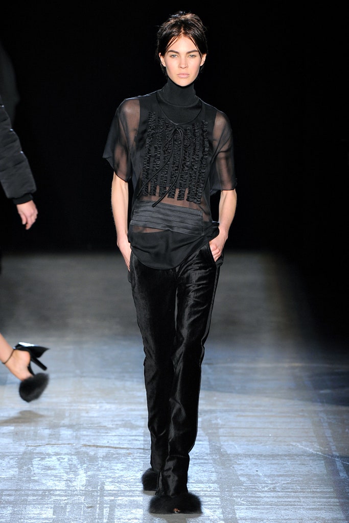 black sheer top and velvet pants