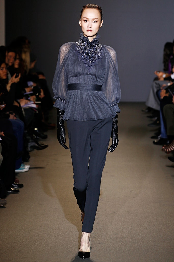 gray silk long-sleeve high-neck fitted ruffled sheer blouse