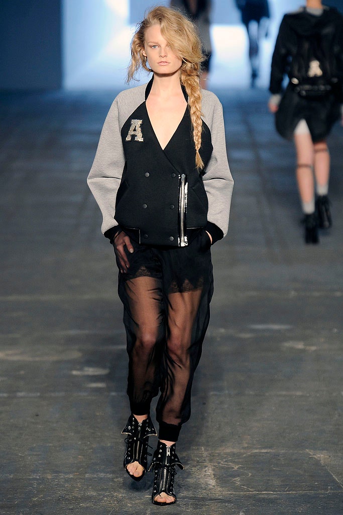 black and gray fitted jacket with sheer pants