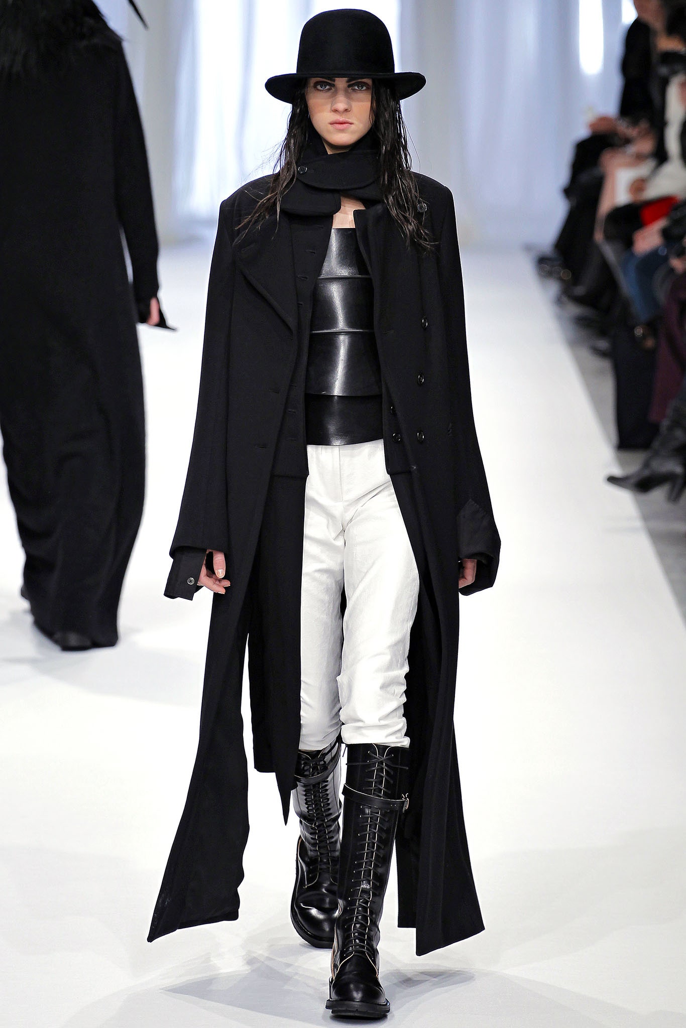 black wool coat with leather top