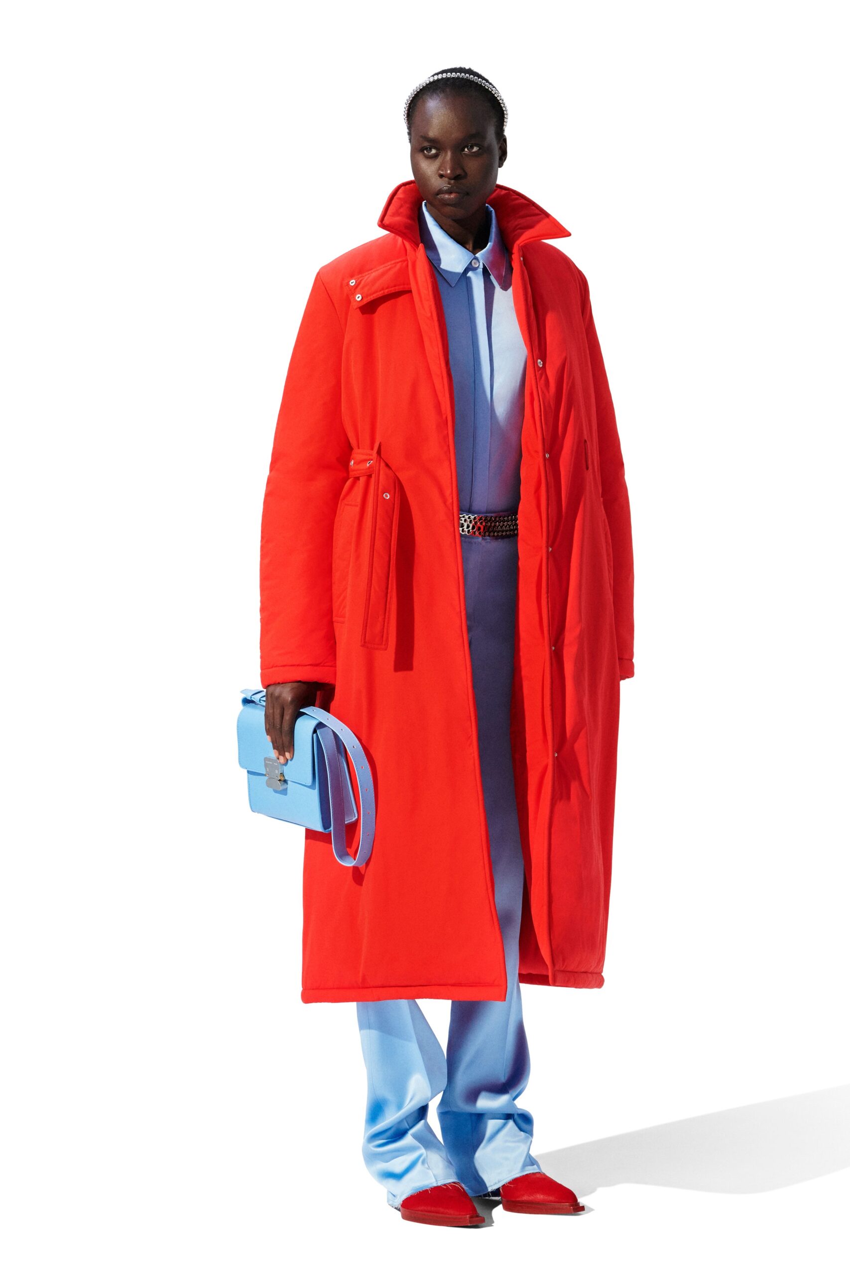 red coat with blue outfit