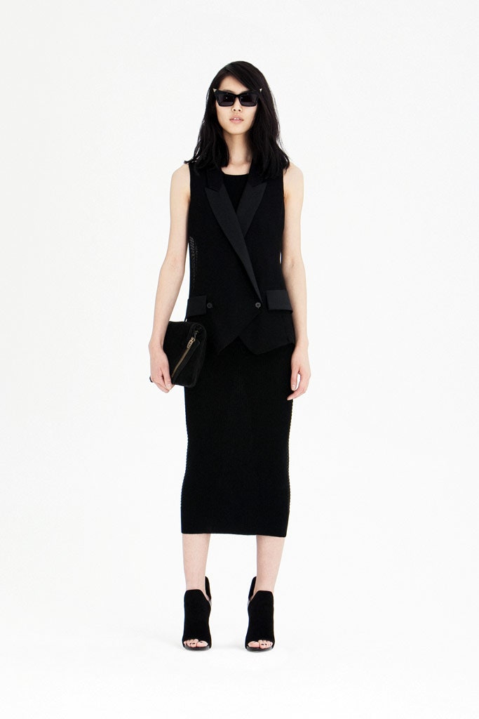 black fitted midi dress with blazer