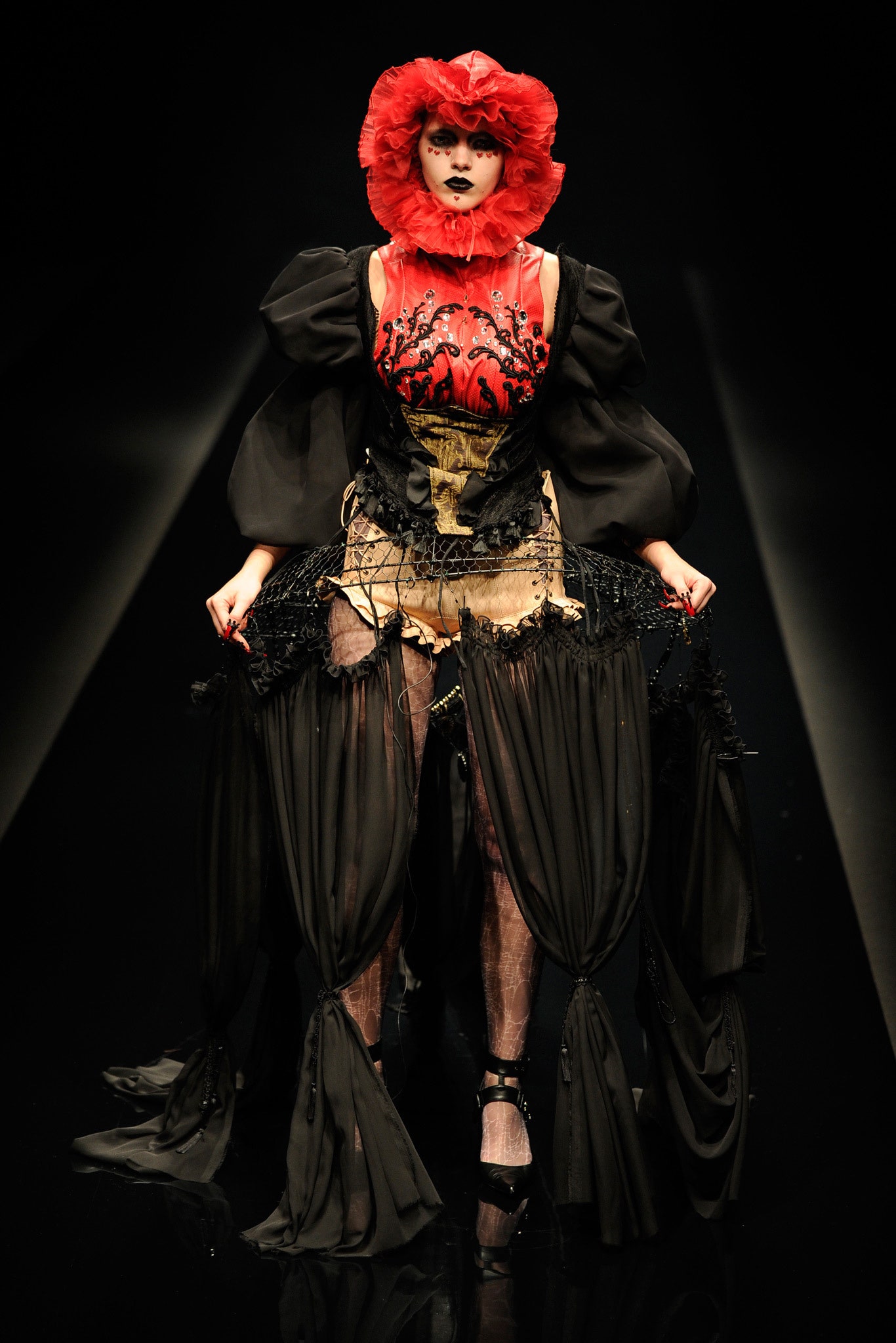 black and red layered dress with ruffled hat