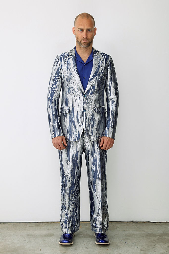 blue cotton long-sleeve collared tailored printed suit
