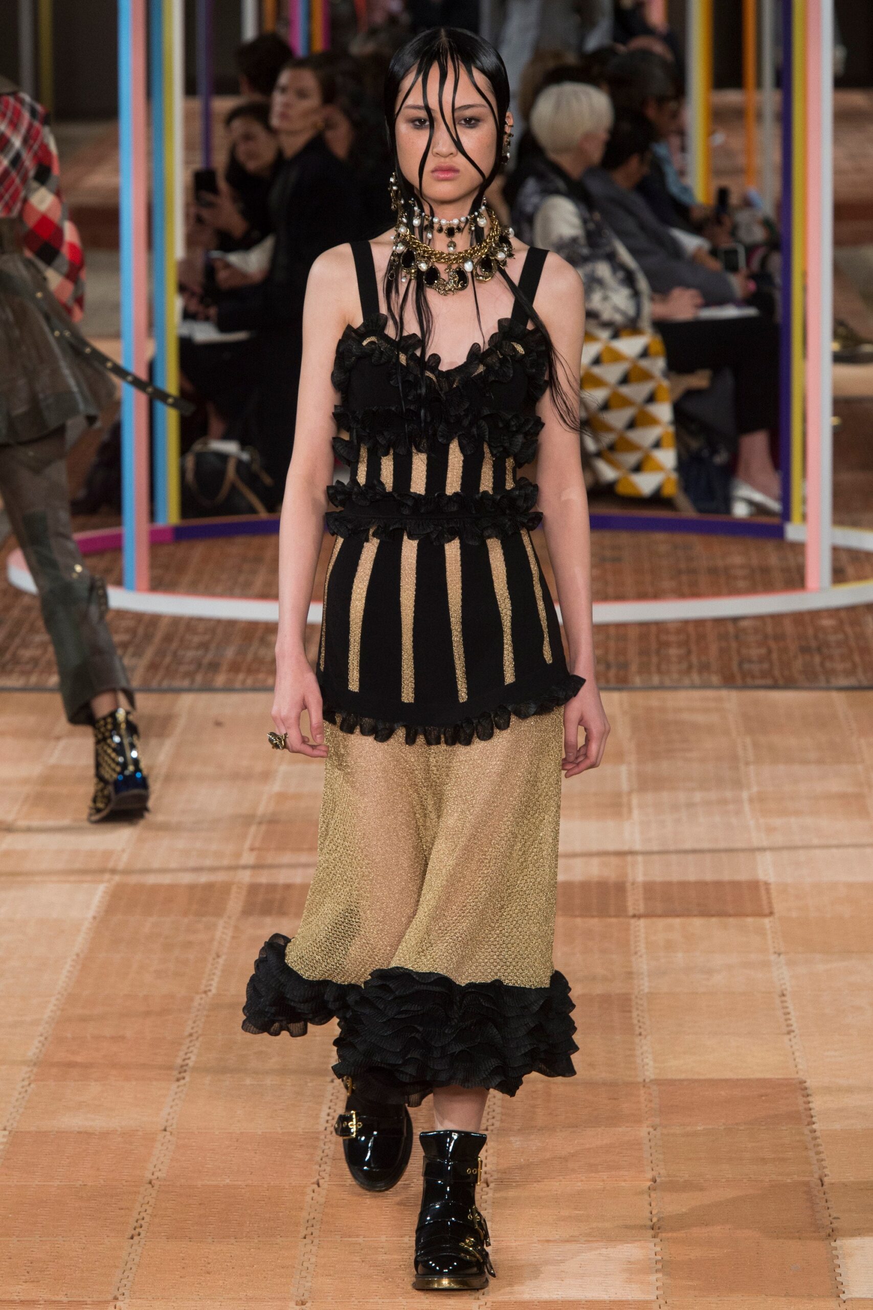 black and gold ruffled midi dress