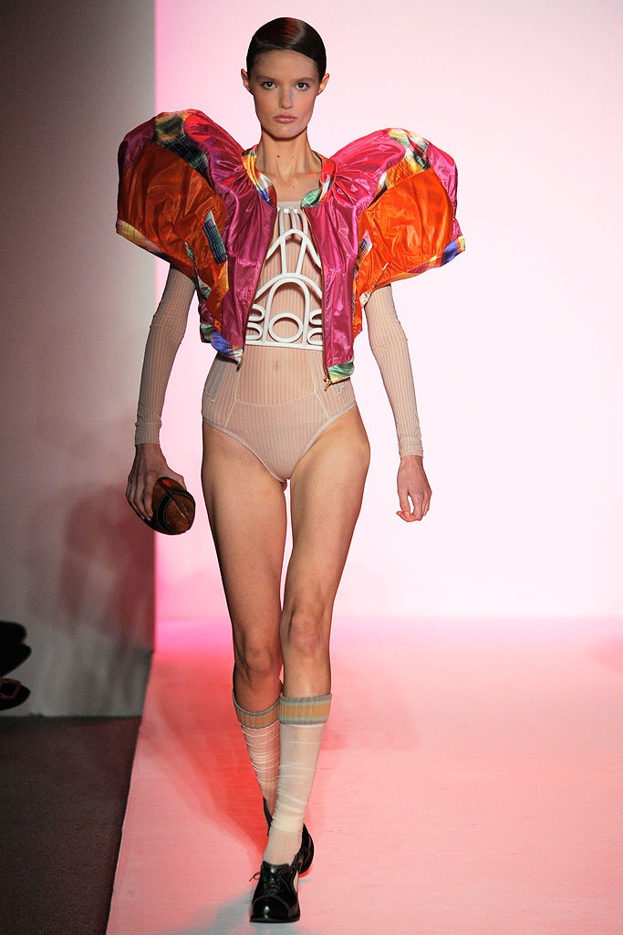 beige mesh bodysuit with oversized jacket