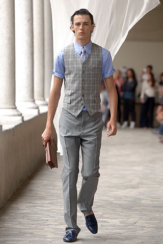 gray cotton sleeveless collared tailored checked vest