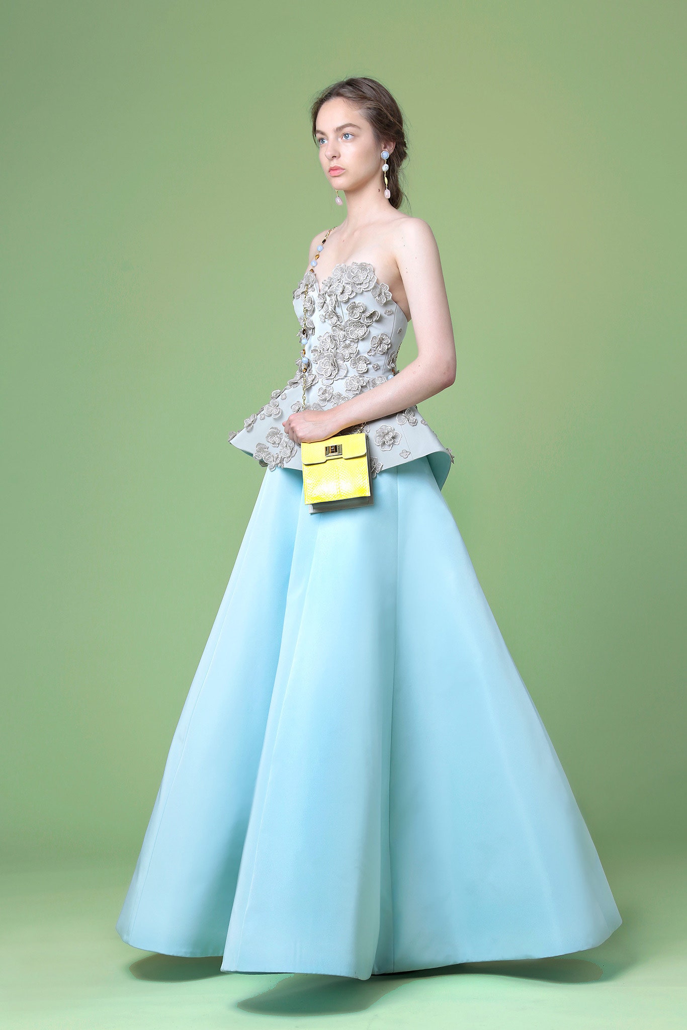 blue silk strapless v-neck fitted flared maxi gown