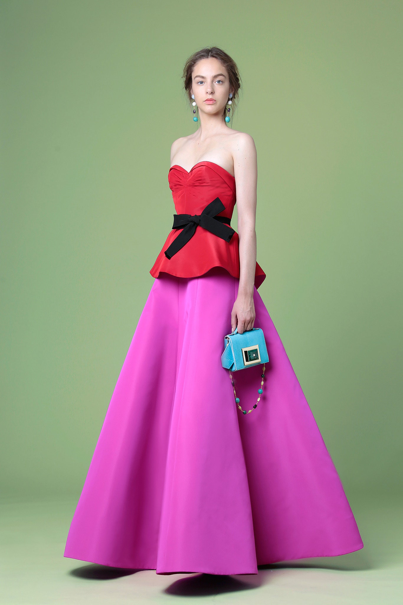 red silk strapless fitted flared maxi gown
