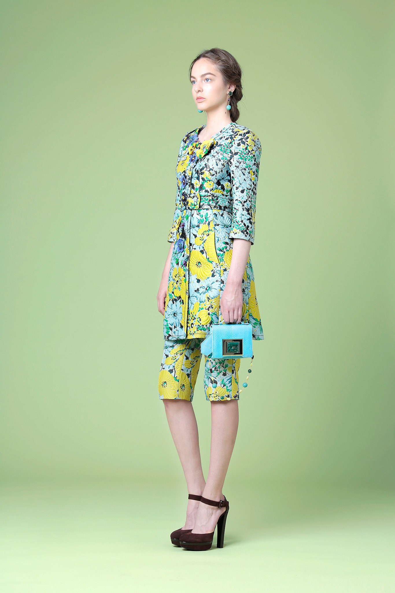 blue long-sleeve collared fitted floral layered short dress