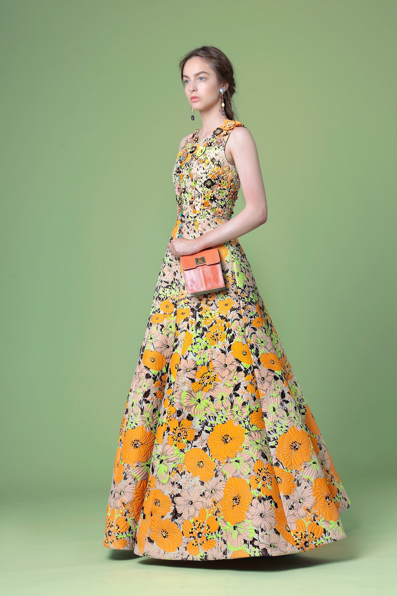 yellow silk sleeveless v-neck fitted floral flared gown