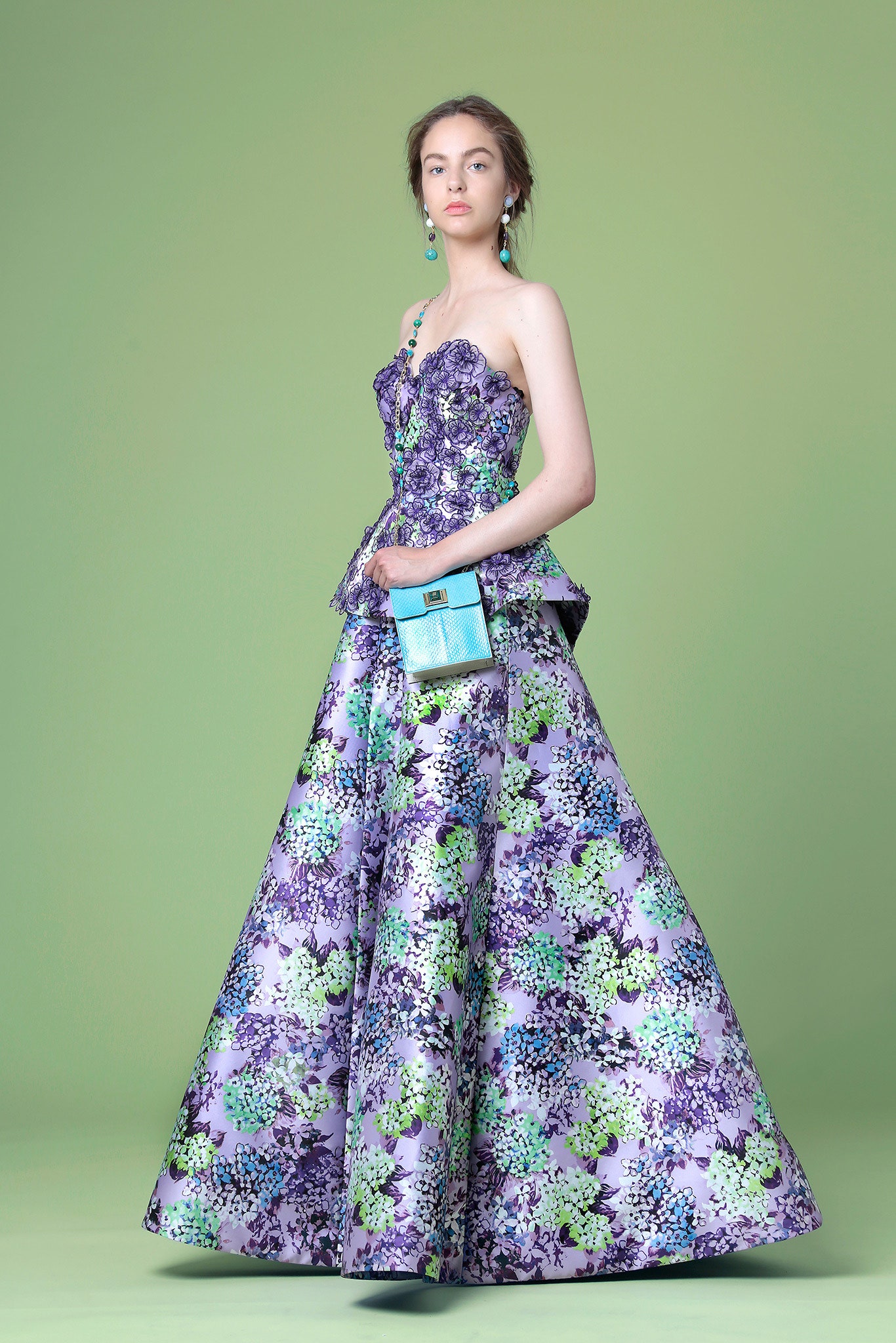 purple and green floral gown