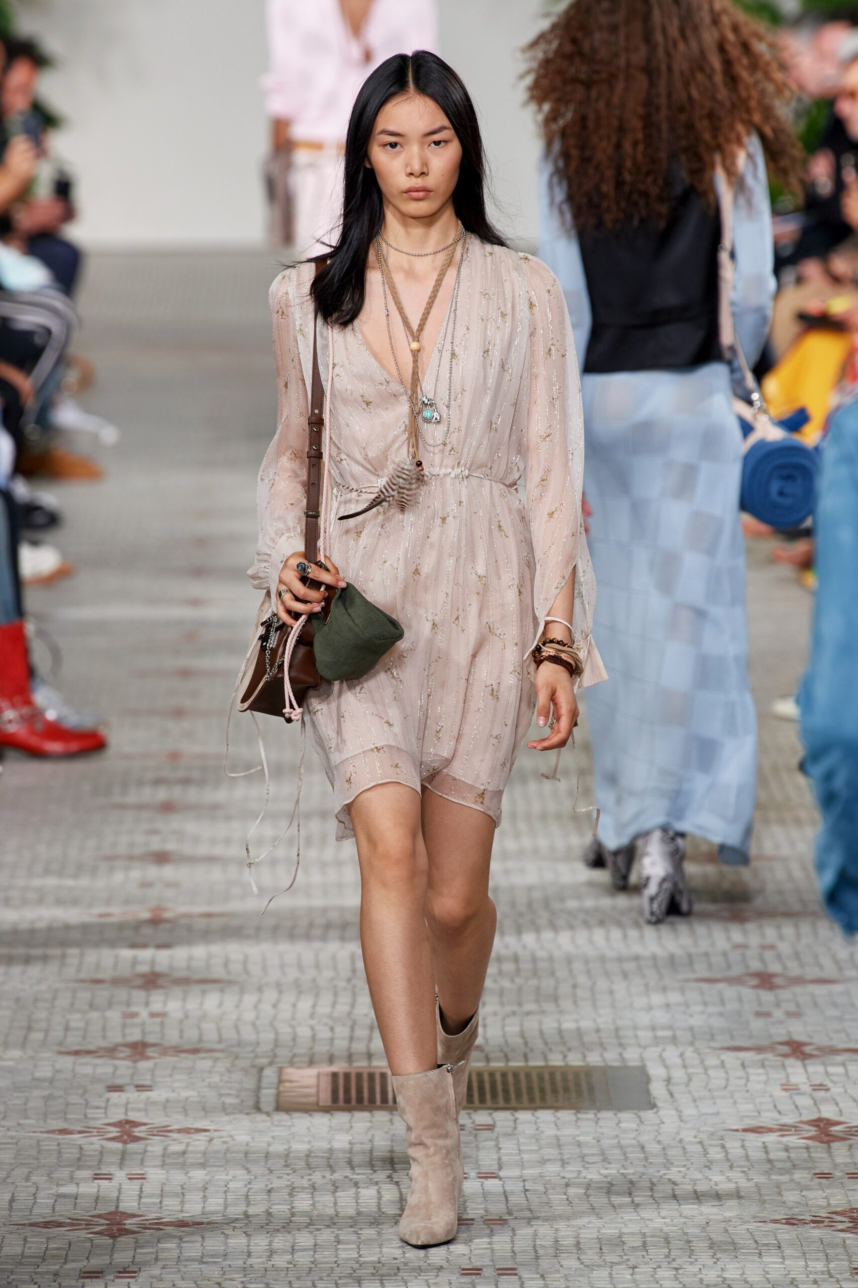 beige silk long-sleeve v-neck fitted embroidered sheer dress