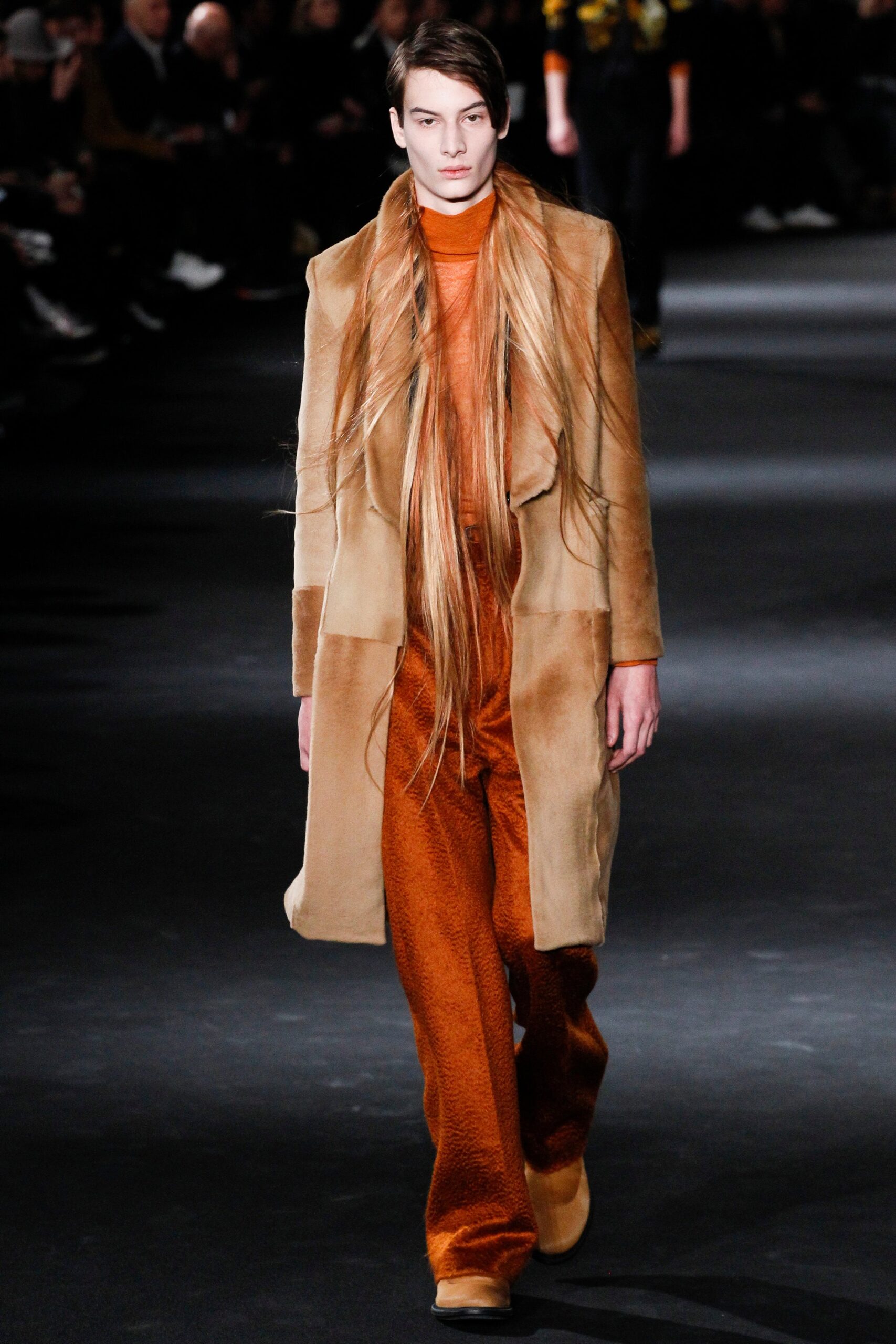 beige fur coat with orange top
