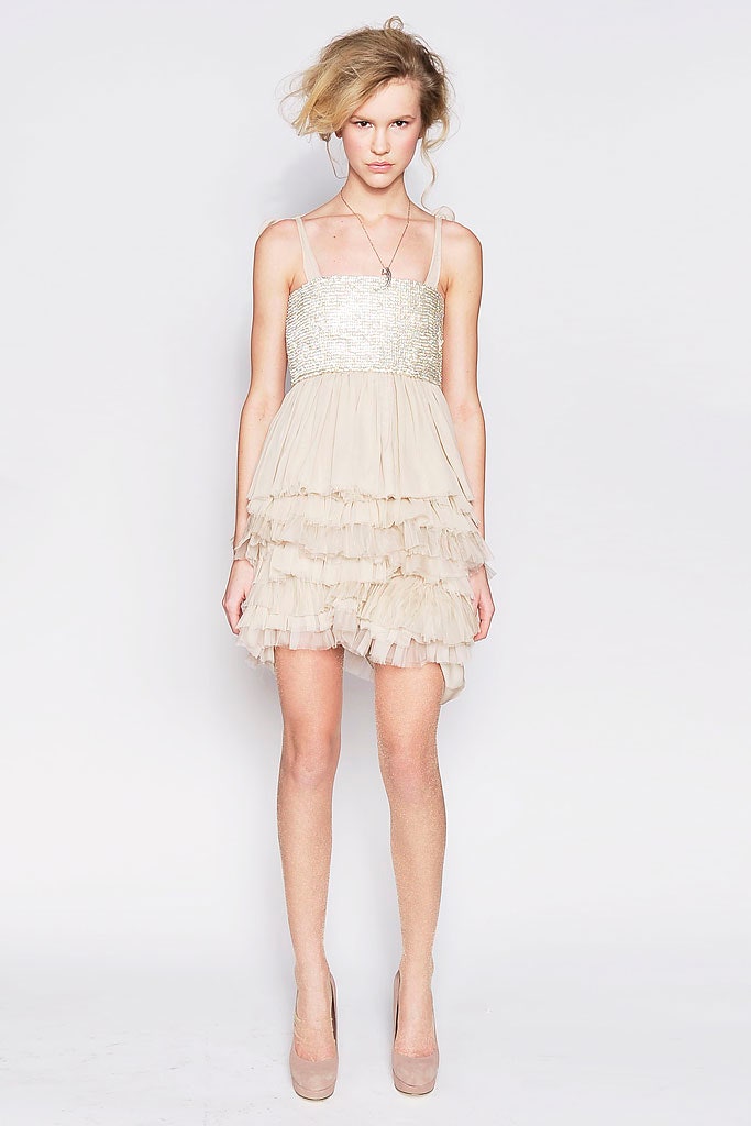 beige tiered ruffled mini dress