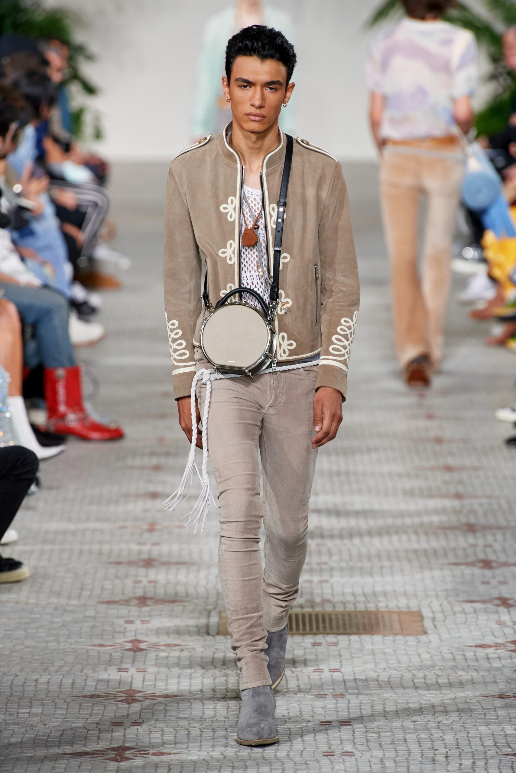 beige suede long-sleeve collared fitted embroidered jacket
