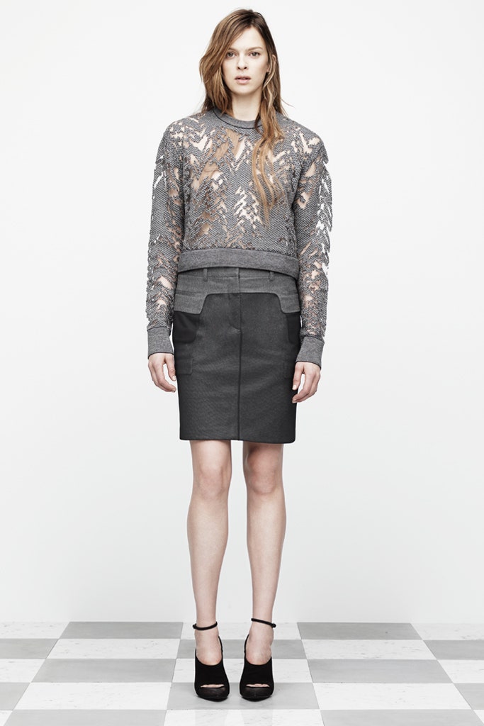 gray embellished sweater and black pencil skirt