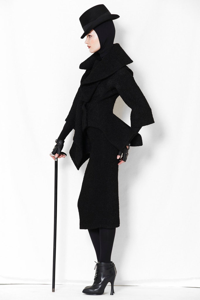 black wool long-sleeve asymmetric fitted draped midi dress