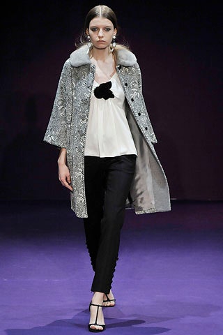 gray printed coat with white blouse
