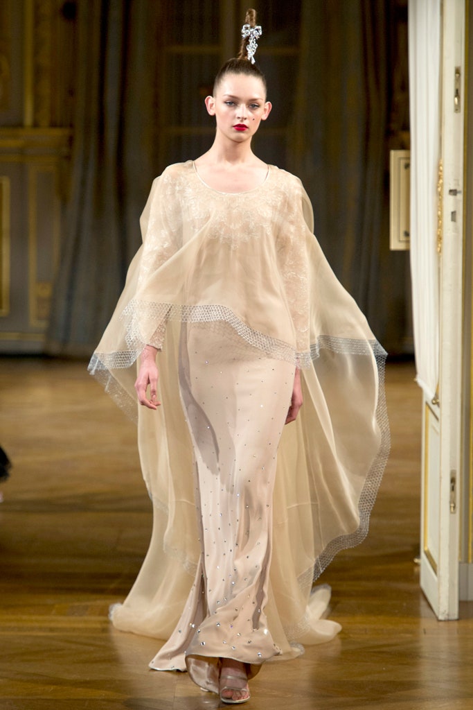 beige silk long-sleeve high-neck fitted layered embellished gown