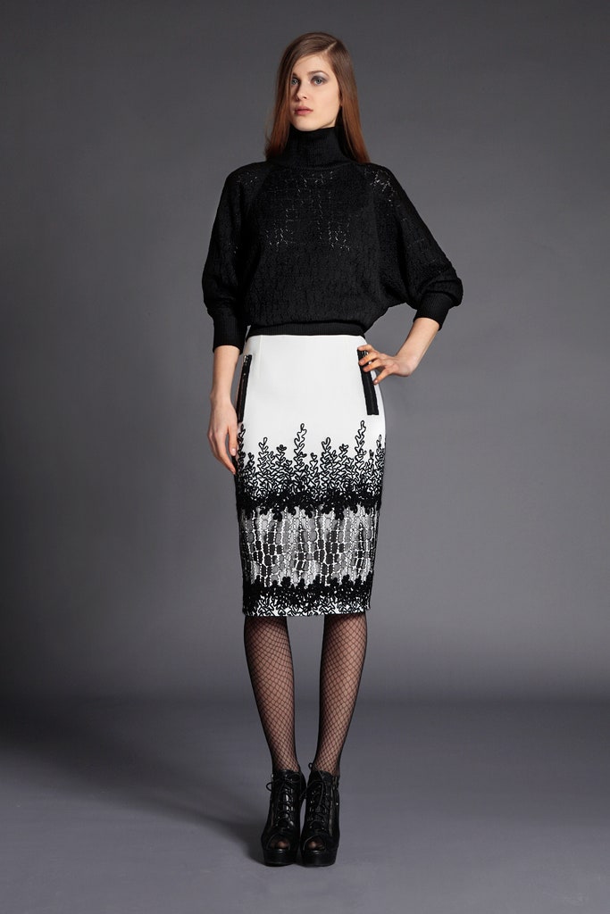 black silk long-sleeve high-neck fitted textured top