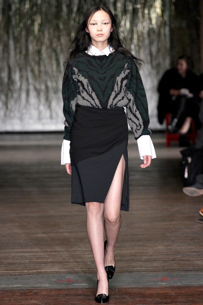 black wool long-sleeve high-neck fitted printed sweater